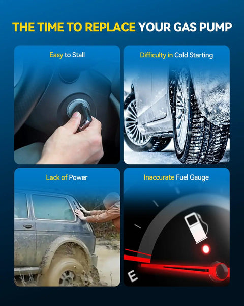 Image showing reasons to replace gas pump: stalling, cold starting issues, lack of power, and inaccurate fuel gauge.