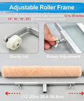 Adjustable Paint Roller Frame With Extension Pole Slick No Mess Setup For Walls And Ceilings Featuring Non Shedding Medium Nap Polyester, showing size adjustments.