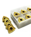 Turning Inserts For Hard Steel 10 Pcs WNMG080404 WNMG080408 TM T9125 Coated External Lathe Tools For Fast Cuts Low Friction High Wear And Heat Resistance Made For Real World Tough Jobs., gold WNMG inserts in plastic tray