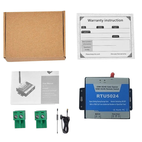 GSM Gate Opener With 4G Remote Switch And SMS Door Control Open And Close Automatically Supports Up To 200 Authorized Phone Numbers One Relay Output Metal Housing, accessories and manuals displayed.