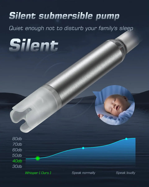 Close-up of Redsack Rechargeable Water Dispenser Pump highlighting silent operation with sleeping baby in the background