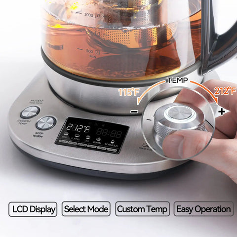 Electric Tea Kettle With Removable Infuser showing temperature control and LCD display, 1.7 liter, Borosilicate Glass