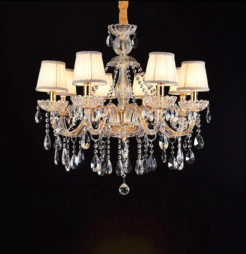 Modern Crystal Ceiling Pendant Light With Polished Chrome Frame And E14 Bulb Socket For Killer Kitchen Island Ambiance Or Cozy Living Room Glow That Truly Slaps Vibe Upward. Elegant crystal chandelier with white shades and hanging crystals.
