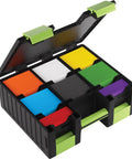 All-In-One Double-Sided Card Case For Cards And Gaming Accessories With 19 Removable Trays In 5 Sizes Holds 6 Commander Decks Or Up To 80 Cards Game Night Ready For Tokens Dice And Tools Black And Green, open view with colorful card trays visible