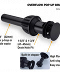 Overflow pop-up drain with stopper for Matte Black Two Handle 8 Inch Widespread Bathroom Faucet For Vanity Sink With 360 Degree Swivel Spout 3 Hole Installation Includes Overflow Drain And CUPC Supply Lines Solid Brass