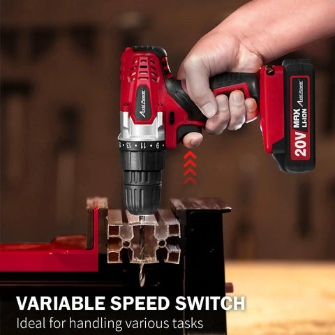 Heavy Duty 20 Volt Max Lithium Ion Cordless Drill Kit Featuring Ergonomic Grip And Keyless Chuck With Variable Speed Control 22 Piece Drill Bit Set Plus Plug And Play Charger For Kick Ass No Sweat Diy Projects, handheld drill with variable speed switch.