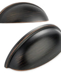 Three Inch Oil Rubbed Bronze Cup Pulls For Cabinets And Drawers Solid Metal Hardware with rich dark finish and brushed texture.