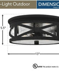 Lakeview Two Light Outdoor Ceiling Flush Mount Black Finish dimensions diagram, 13-inch diameter, modern transitional style.