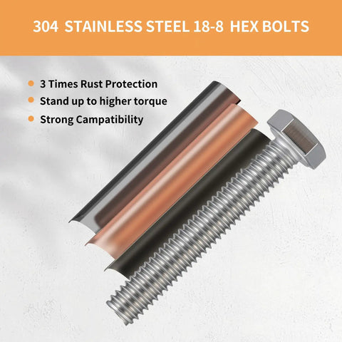 304 Stainless Steel Rock Solid 3/8-16 Hex Head Bolts With Lock Nuts And Flat Washers showing rust protection and torque strength.