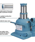 Beefy 10 Ton Double Ram Ultra Low Profile Hydraulic Bottle Jack For Auto Repair And Home Lifts, Retracted 4.9 In To 8.5 In, Welded Steel Blue Car Jack with annotations.