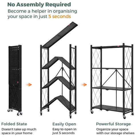 Portable Foldable Storage Shelves Freestanding Three Tier Kitchen Shelving Unit White shown in folded and unfolded states for easy setup.