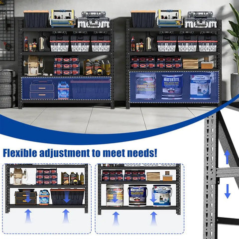Tough As Nails Four Tier Heavy Duty Garage Shelving And Reinforced Steel Storage Rack With Locking Pins For Badass Workshop Upgrades and Serious Gear Hauling Up To 4000 Pounds filled with tools and storage bins.