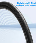 Close-up of tire from 2 Pack 700x28c Road Bike Tire Replacement Kit with Inner Tubes, highlighted lightweight design for city cruising.