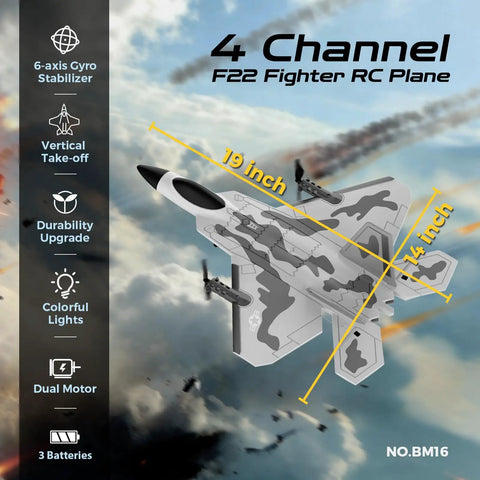 Image of F22 Raptor RC Plane Four Channel Upgrade With Vertical Takeoff Remote Control Airplane Featuring Six Axis Gyro Lights And Crazy Fast 3D Aerobatics For Adults Three Batteries Included, showing camouflage design, dimensions, and features.