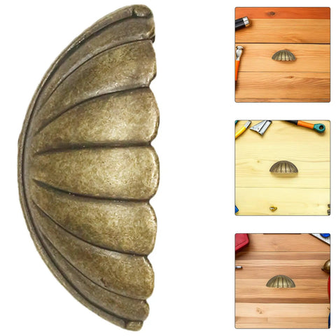 Vintage Shell Cabinet Pulls 4 Pack Antique Bronze Finish Straight Up Heavy Duty Cup Handles on wooden drawer