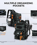 50L Fishing Tackle Backpack with Removable Bait Binder and Four Tackle Boxes, two rod holders, black camo design, organizing pockets