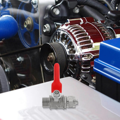 Heavy Duty Copper Quick Snap Ball Valve Two Pack With Rock Solid Handle Quarter Inch Male Thread installed in an engine bay.