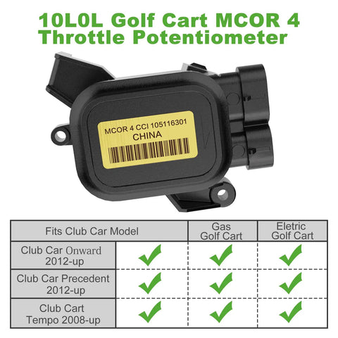MCOR 4 Conversion Throttle Potentiometer For Club Car Precedent Carryall Tempo Onward 2012 Up Golf Carts Upgrade Replaces OEM 105116301 103850401 And Compatible MCOR 3 Includes AM293101 AM293001 shown with fit compatibility chart.