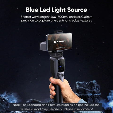 Compact Portable 3D Scanner With Blue LED And Dead Accurate 0.02mm Precision For Flawless Model Reconstruction and No Sweat High Speed 3D Printing Solutions Premium Grade, held in hand, showing blue LED light source.