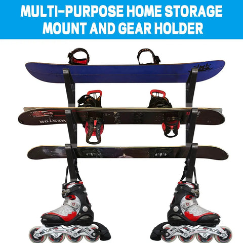 Heavy Duty Snowboard Wall Mount Rack Adjustable Ski Storage System Hella Secure with snowboards and rollerblades on display.