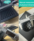 Close-up measurement of six inch square floor drain in sleek matte black with SS304 grid and high flow outlet setup.