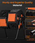 Double Chamber Rotating Compost Tumbler 170L Outdoor Bin With Elevated Base, Hands Free, in durable black and orange material.