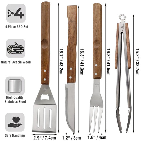 Stainless Steel BBQ Grill Tools Set With Ergonomic Wood Handles Includes Spatula Tongs Knife Fork And Carry Bag For Outdoor Grilling