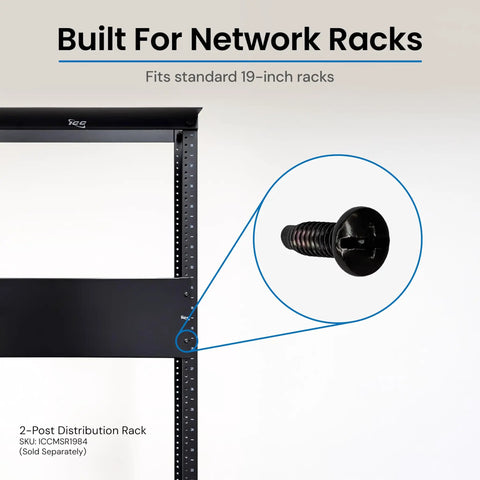 Rock Solid Boss Level Rack Mount Screws Featuring 12 24 Threads For Standard 19 Inch Eia Server Cabs And Patch Shelves In Sleek Black close up on rack screw fitting in a 19-inch rack.