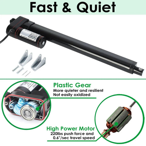 Close-up of 26 Inch 12V DC Linear Actuator 225 Lbs Beast Mode Heavy Lifter showing motor gears and mounting brackets.
