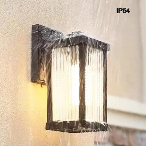 Modern Premium Matte Black Outdoor Wall Lights, Waterproof E26 Porch Lanterns with striped glass shade under rain.