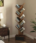 Dope Vintage Tree Bookshelf With Nine Shelves And Side Drawer, Solid Wooden Corner Storage Rack For Books Vinyl Records Decor, Rustic Brown Shelf Vibe Straight Fire Display For Your Chill Space in a cozy room.