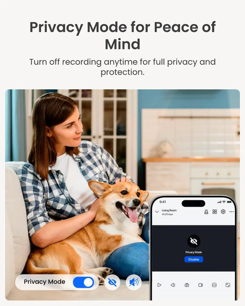 Woman with dog using 4MP HD Plug In Indoor Security Camera System With Pan Tilt And WiFi 6 Baby Monitor And Pet Camera in privacy mode.