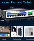 Eight Port 100Mbps PoE Switch With Dual Gigabit Uplink 120W Power Budget on desk, wall, and waterproof tank options