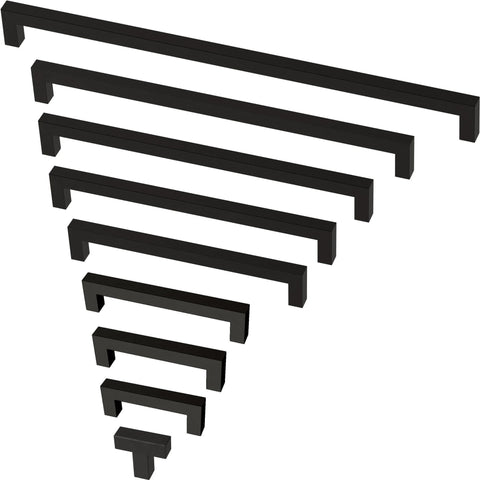Matte Black Cabinet Handles 5-1/16 Inch Center To Center 128mm 10 Pack Modern Drawer Pulls shown in various sizes.