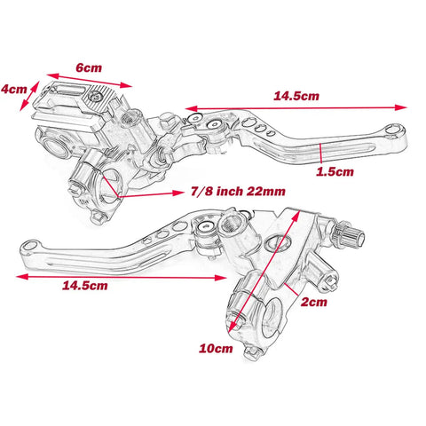 Diagram of Universal Motorcycle Brake And Clutch Lever Set 7/8 Inch Handlebar 22Mm with measurements displayed
