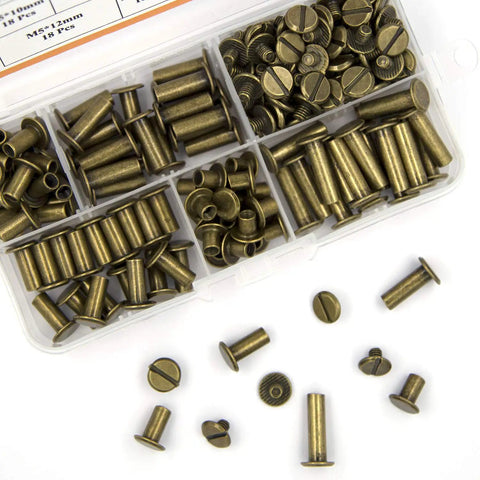 Premium Chicago Screw Assortment Kit Brass Leather Binding Posts Heavy Duty Hardware Fasteners in various sizes laid out.