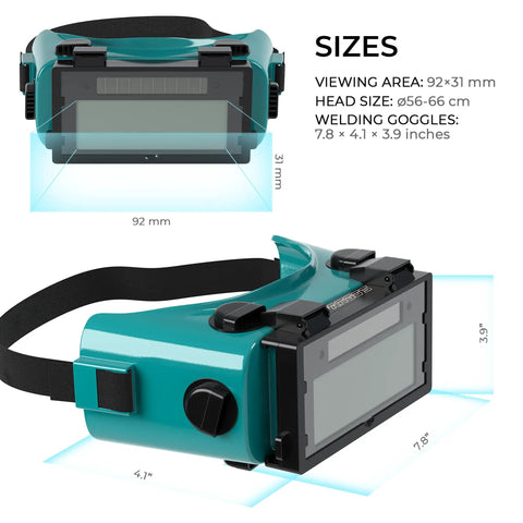 Rock Solid Auto Darkening Welding Goggles With Flip Up Lens Solar Powered For Instant Shade Change And Hassle Free MIG TIG Plus Gas Cutting Coverage You Will Appreciate Back At The Shop, with viewing area sizes.