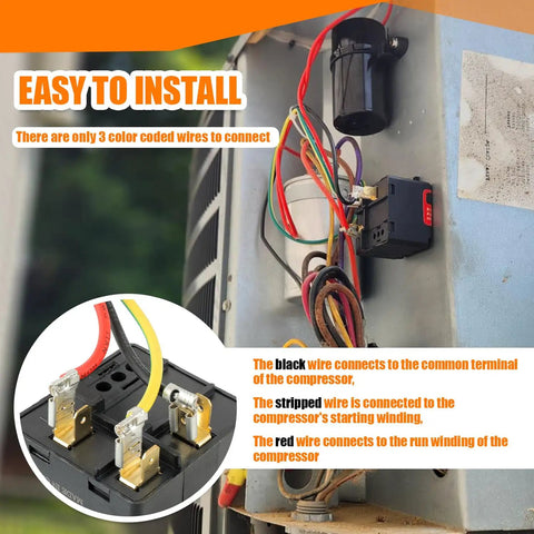 Csr U1 Hard Start Capacitor Kit For One To Three Ton Air Conditioners Pre Wired Setup with color coded leads in an installation view.