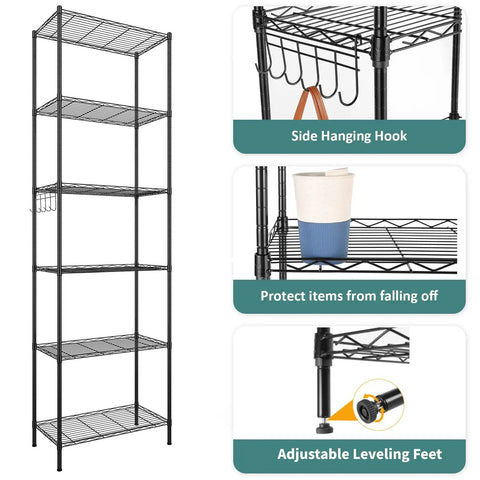 Two Pack Six Tier Heavy Duty Wire Shelving Unit With Adjustable Leveling Feet And Corrosion Resistant Hooks, showcasing side hooks and adjustable feet.