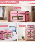 No Hassle Straight Up Foldable Fabric Storage Bins With Tough Lids And Transparent Panels For Rapid Grab. Pink storage bin with clear panels.