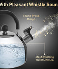 2 Quart Stainless Steel Whistling Tea Kettle For Stovetop No Fuss Quick Boil With Spill Proof Lid Works On Gas Electric Glass And Induction Ideal For Home Dorm Apartment Black with water level and whistle design