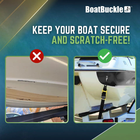 Comparison of boat secured with and without Pro Series Kwik Lok Transom Boat Tie Down Straps 2 Pack 2 Inch By 4 Foot Adjustable With Boat Pads