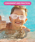 Child wearing Heavy Hitting Splash Guard Safety Glasses in pool, smiling with thumbs up, showing impact resistant protection.