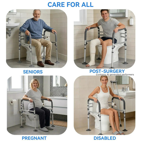 Solid Heavy Duty Toilet Safety Rails For Seniors Adjustable Height And Width 350 Pounds Rust Resistant Aluminum Bathroom Support Frame, shown with users including seniors and post-surgery.
