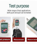 Digital Force Meter 100N High Precision Push Pull Tester showing readings on backlit screen for tension measurements.