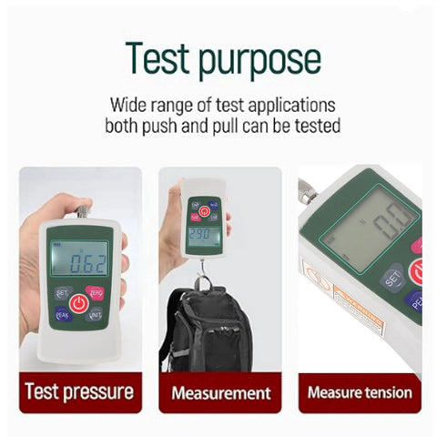 Digital Force Meter 100N High Precision Push Pull Tester showing readings on backlit screen for tension measurements.