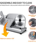 Solid 9 Inch Electric Meat Slicer With Removable Stainless Steel Blade And Quick Turn Thickness Dial shown with removable food pusher and easy cleaning features.