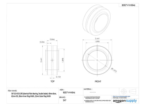 Technical drawing of Rock Solid GE 40 ES 2RS Spherical Plain Bearing Double Sealed 40MM Bore 62MM OD with measurements.