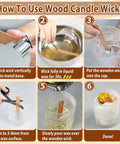 Instructional image showing steps to use wood wicks from the Candle Making Starter Kit With 130 Pieces Wicks And Full Tool Set for DIY candles.