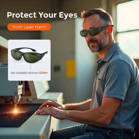 Top Notch Fiber Laser Safety Goggles For 1064Nm Eye Protection And Laser Engraving Gear on a user in a workshop.